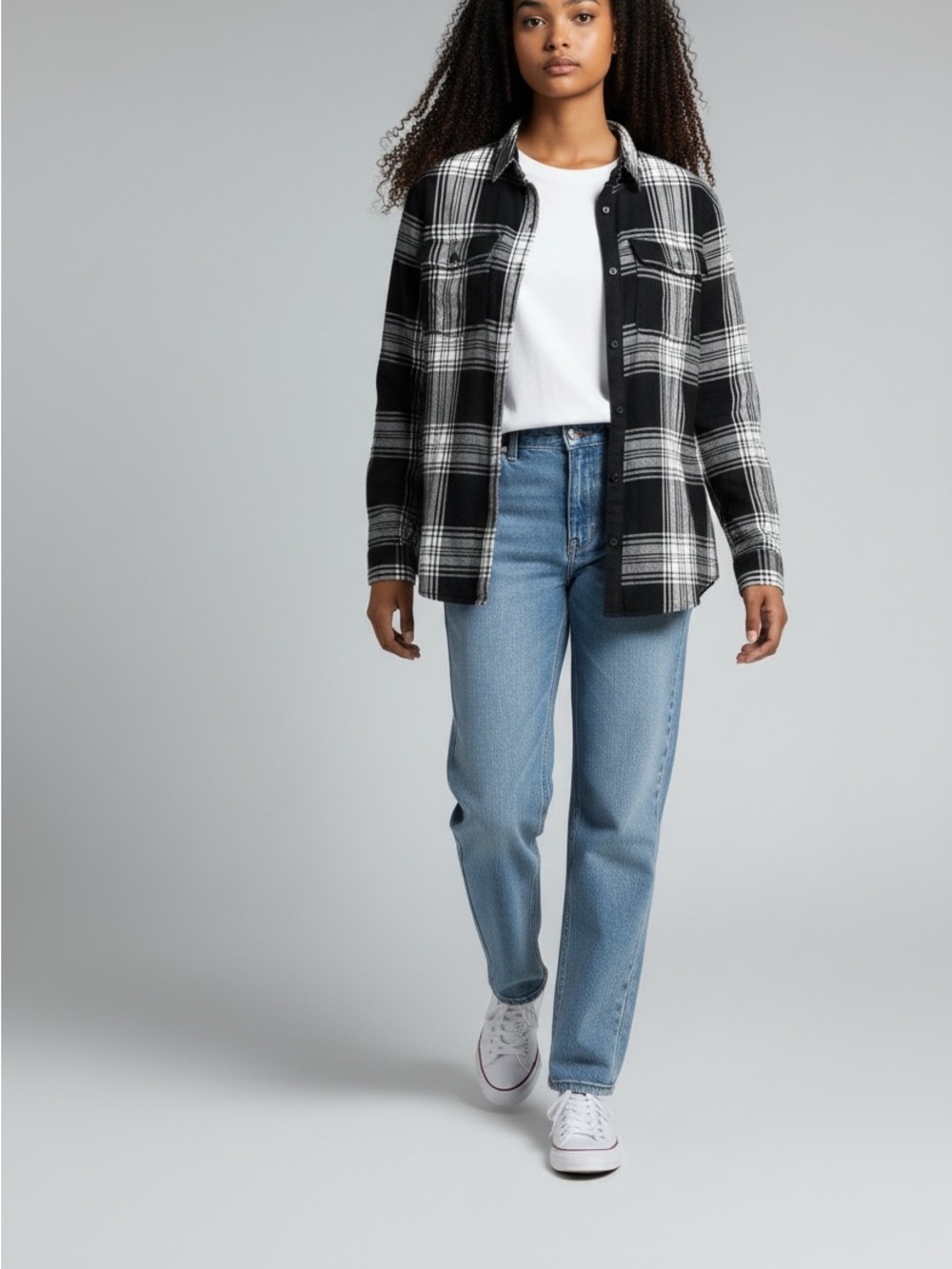 Old Navy cotton flannel white black plaid shirt Women M long sleeves button up